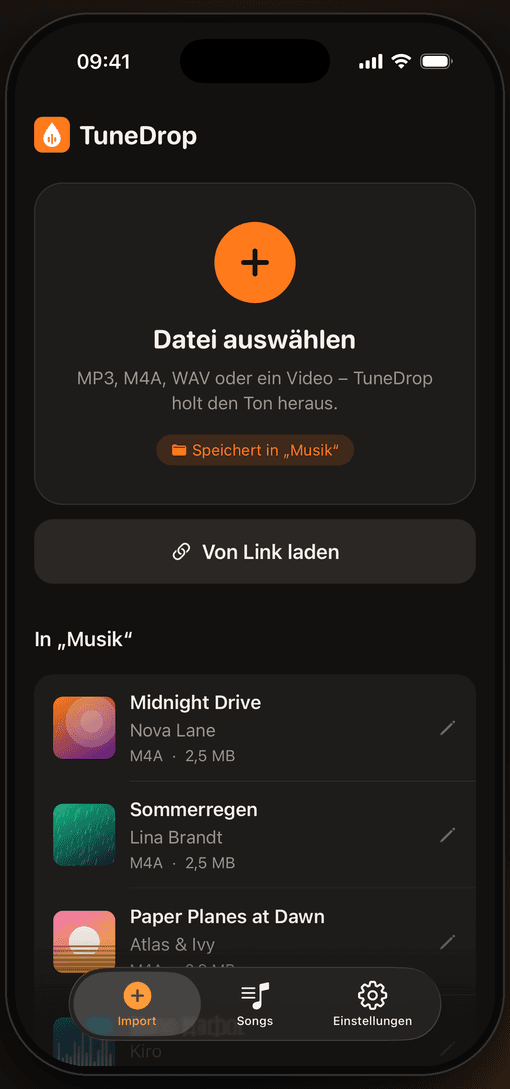 TuneDrop-Startseite mit Dateiauswahl und Songliste