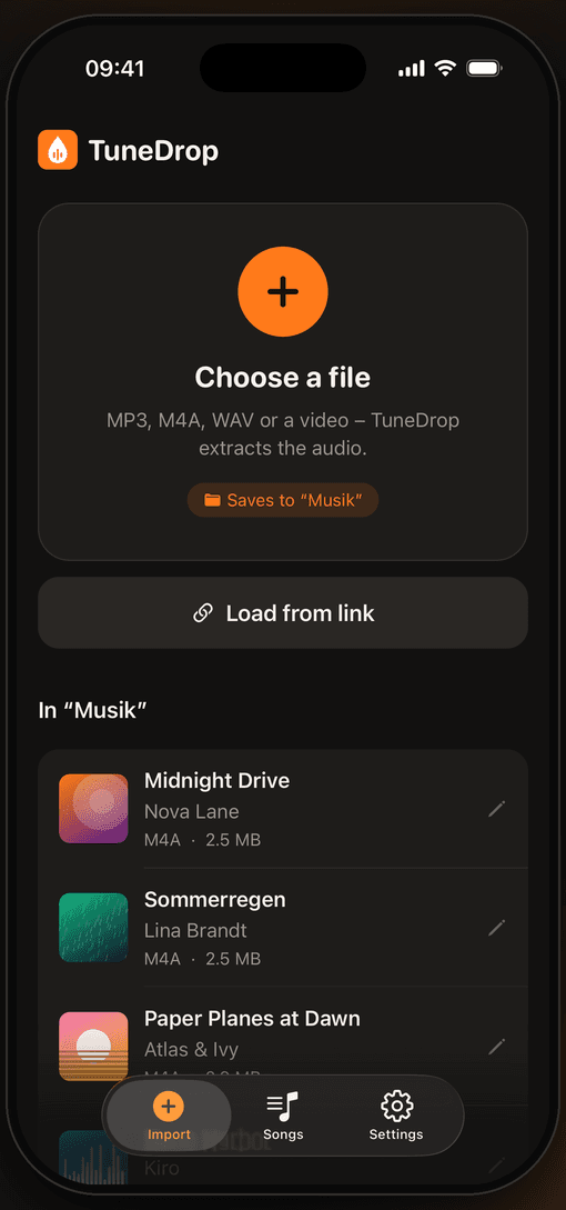 TuneDrop home screen with file picker and song list